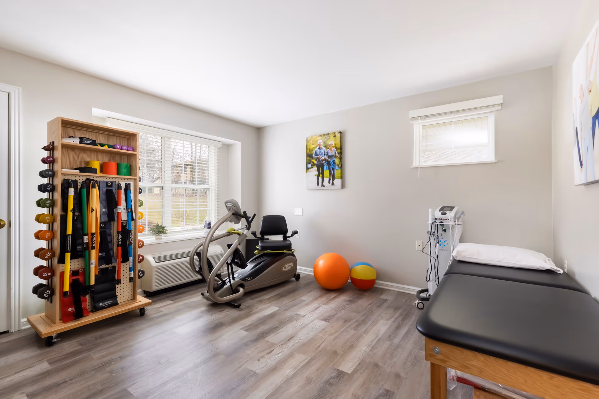 A bright and clean exercise room with light gray walls and wood flooring. The room contains a stationary recumbent exercise bike, a wooden rack holding various colorful dumbbells, resistance bands, and other exercise equipment. There are two exercise balls on the floor near the wall, a black padded treatment table with a pillow, and a medical device on a stand. Two windows allow natural light into the room, and there are framed pictures on the walls.