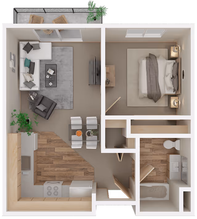 3D top-down floor plan of a one-bedroom apartment showing a living room with balcony, dining area, kitchen, bedroom, and bathroom.