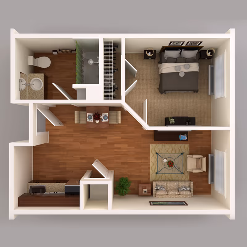 Top-down view of a one-bedroom apartment floor plan showing a bedroom with a bed and nightstands, a bathroom with a toilet, sink, and shower, a kitchen area with appliances, a dining area with a table and two chairs, and a living room with a sofa, armchair, coffee table, and TV stand.