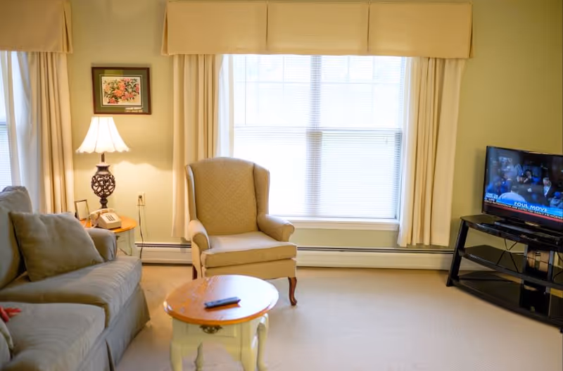 A cozy living room with a beige armchair, a gray sofa with cushions, a small round wooden coffee table with a remote control on it, a side table with a decorative lamp and a telephone, a large window with cream-colored curtains, and a flat-screen TV on a black stand showing a news program.
