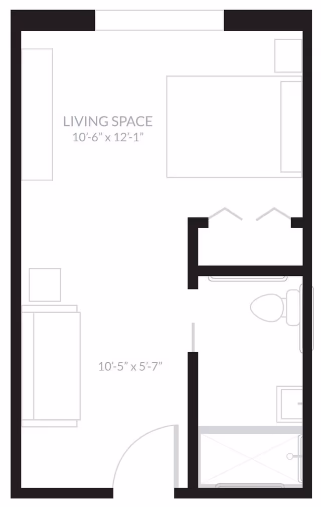 Floor plan layout showing a living space measuring 10 feet 6 inches by 12 feet 1 inch, an adjacent area measuring 10 feet 5 inches by 5 feet 7 inches, and a bathroom with a toilet, sink, and shower.