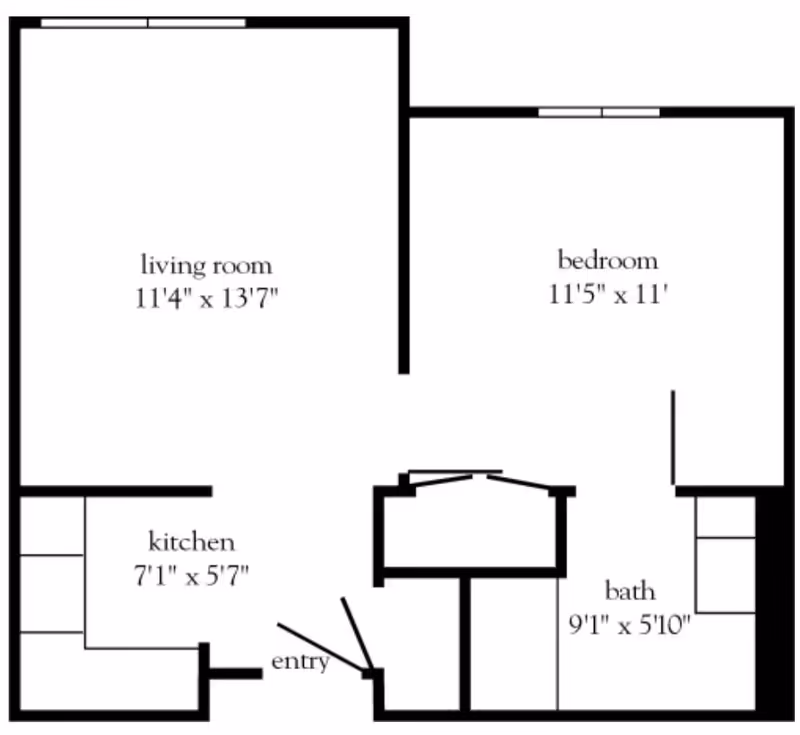Floor plan of an apartment at Atria Hertlin Place showing a living room measuring 11 feet 4 inches by 13 feet 7 inches, a bedroom measuring 11 feet 5 inches by 11 feet, a kitchen measuring 7 feet 1 inch by 5 feet 7 inches, a bathroom measuring 9 feet 1 inch by 5 feet 10 inches, and an entry area.