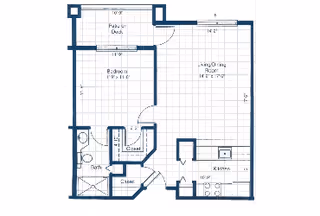 Blueprint-style floor plan of a one-bedroom apartment showing a bedroom with a private deck, living/dining room, kitchen, bathroom, closets, and entry.