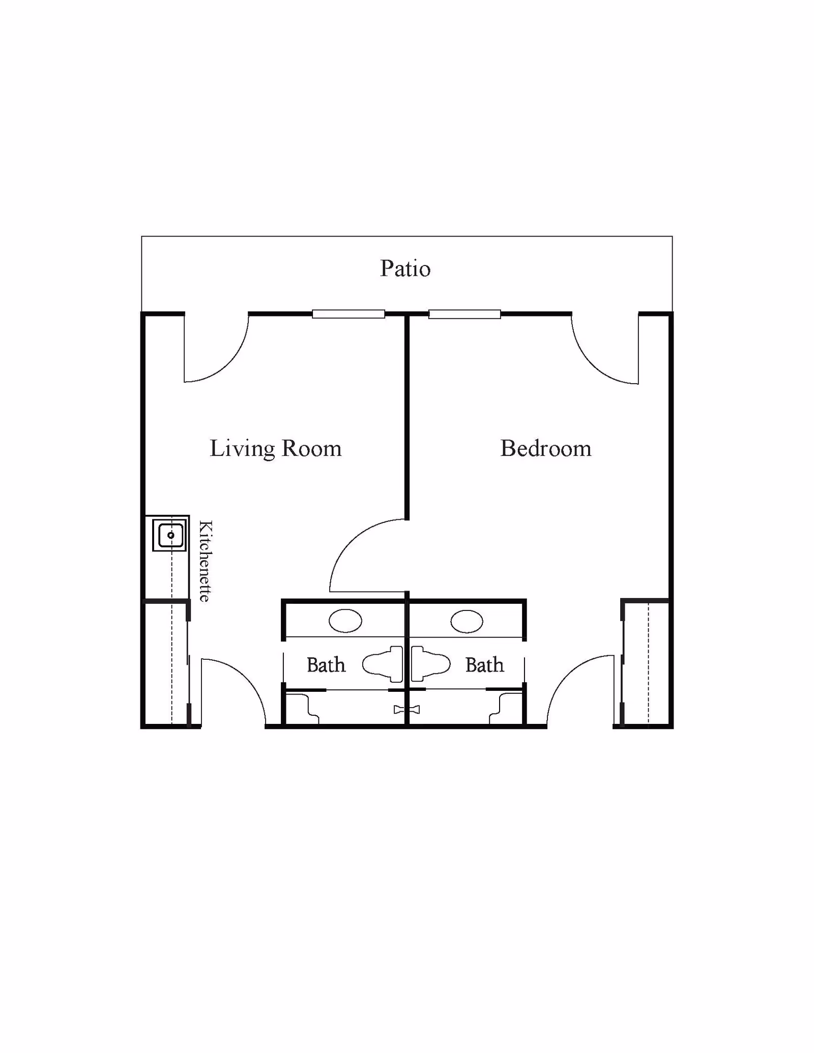 Floor plan showing a layout with a patio, living room, bedroom, kitchenette, and two bathrooms.