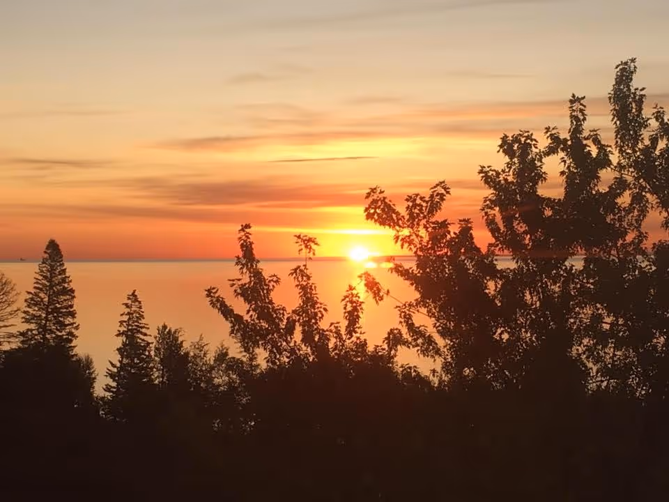 Sunset over a body of water with silhouettes of trees in the foreground and a sky filled with warm orange and yellow hues.
