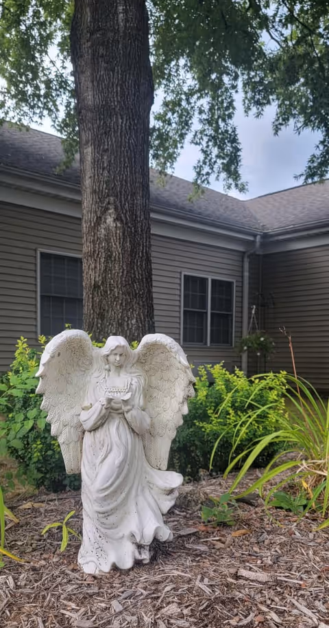 A white angel statue holding a small object stands in a garden bed with mulch and green plants. Behind the statue is a large tree trunk and a building with beige siding and multiple windows. The sky is partly cloudy.