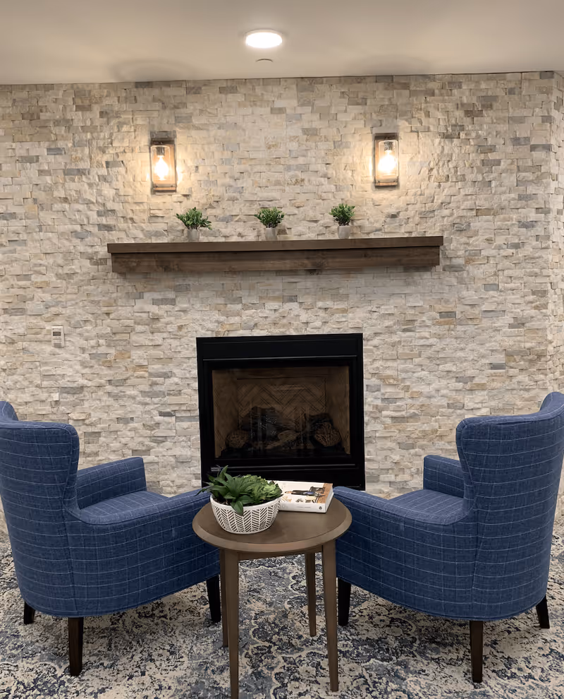 Two blue upholstered armchairs facing a modern stone fireplace with a wooden mantel. On the mantel are three small potted plants. Between the chairs is a small round wooden table with a white basket containing green plants and a book. The floor has a patterned carpet in shades of blue and gray. The wall above the fireplace has two wall-mounted light fixtures.