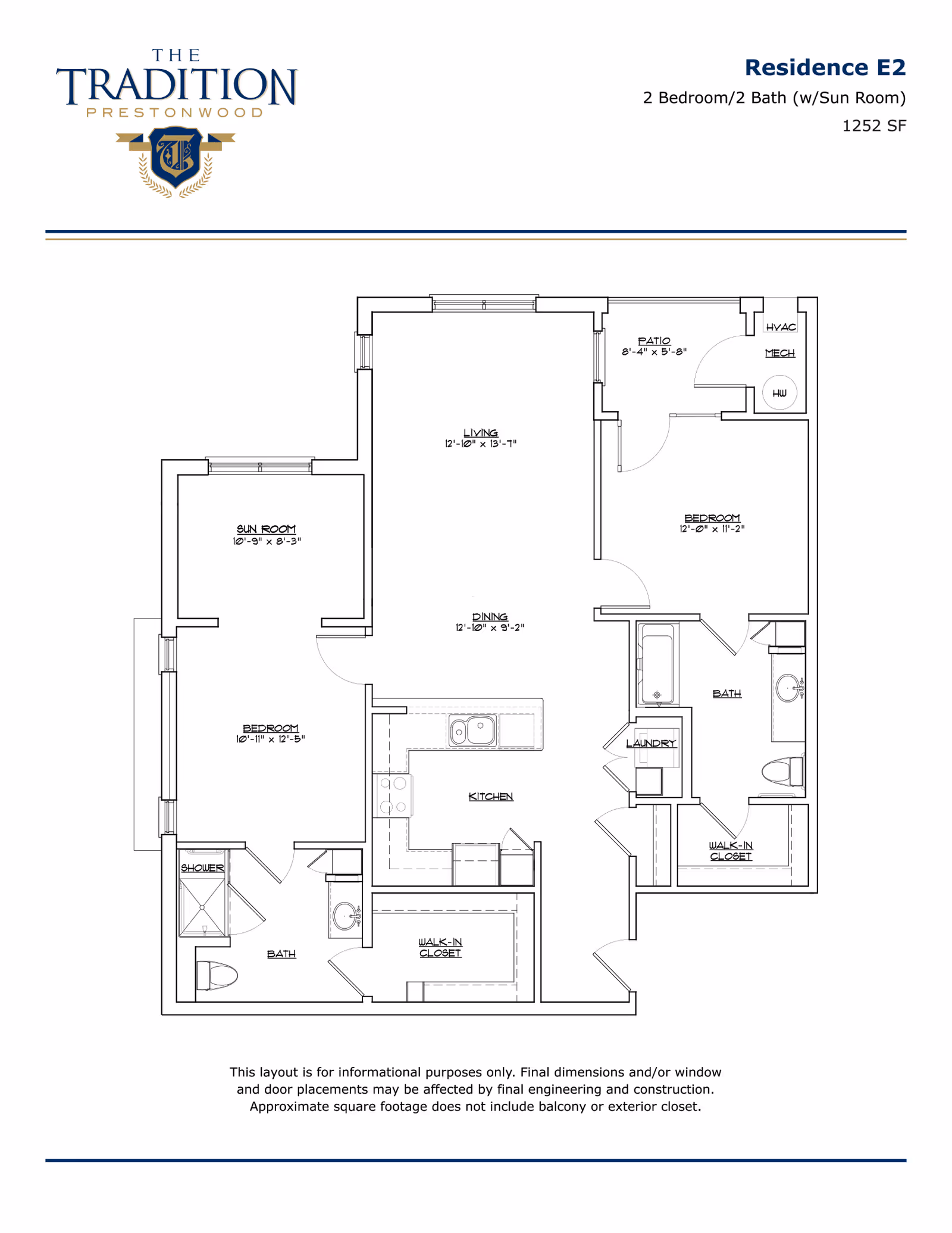 Floor plan of Residence E2 at The Tradition–Prestonwood showing a 2 bedroom, 2 bath layout with a sun room, living room, dining area, kitchen, laundry, walk-in closets, patio, and mechanical room. Dimensions and room labels are included.