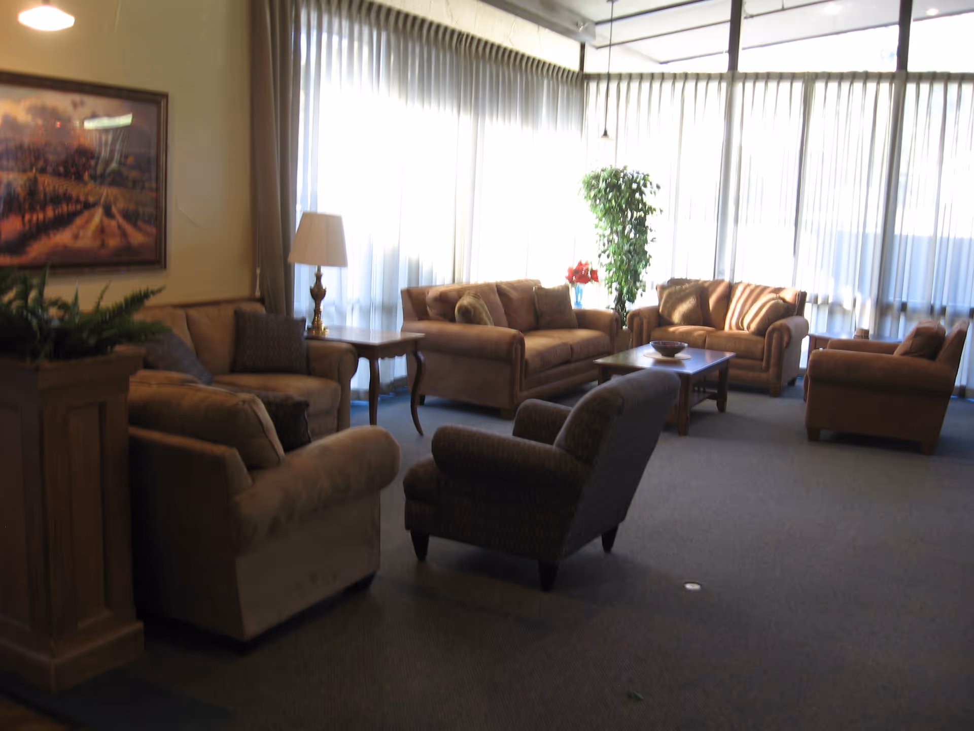 A spacious living room with multiple brown upholstered sofas and armchairs arranged around a wooden coffee table. The room has large windows covered with sheer curtains allowing natural light to fill the space. There is a side table with a lamp, a framed landscape painting on the wall, and a tall green plant near the windows.