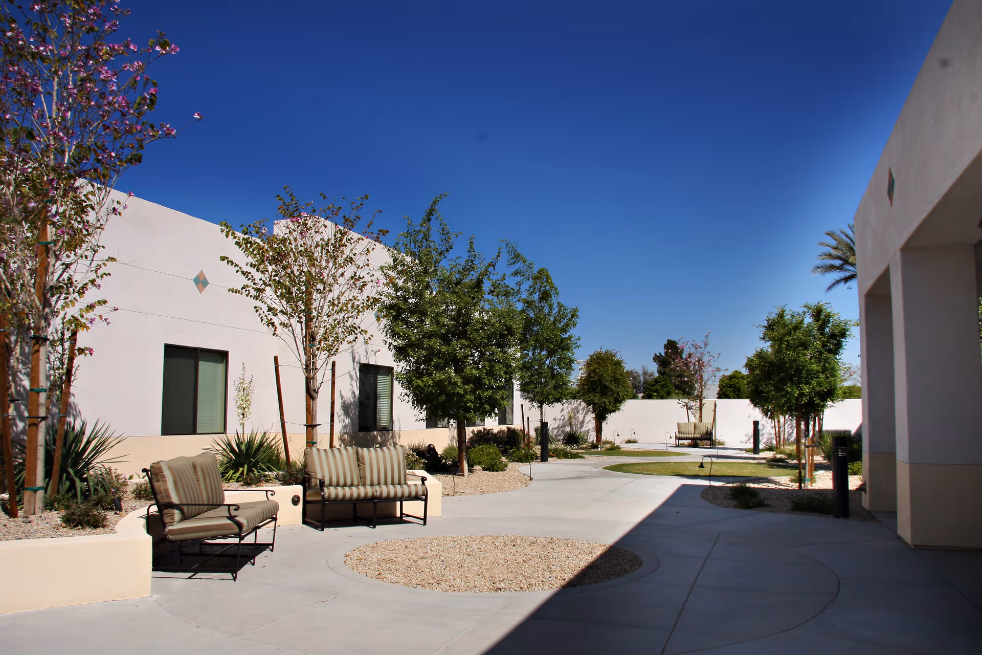 Sunlit courtyard with outdoor seating, trees, walkways and white stucco buildings under a clear blue sky.