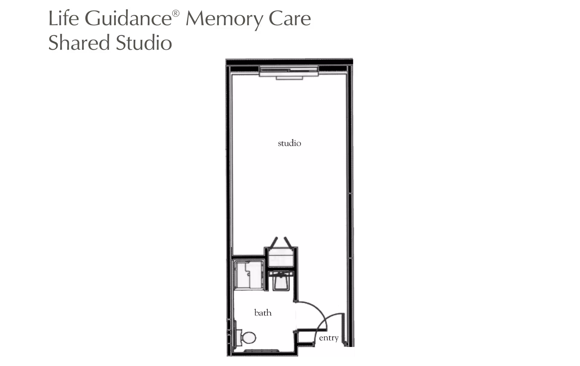 Floor plan of a Life Guidance Memory Care Shared Studio unit showing an entry area leading to a combined studio living space and a separate bathroom.