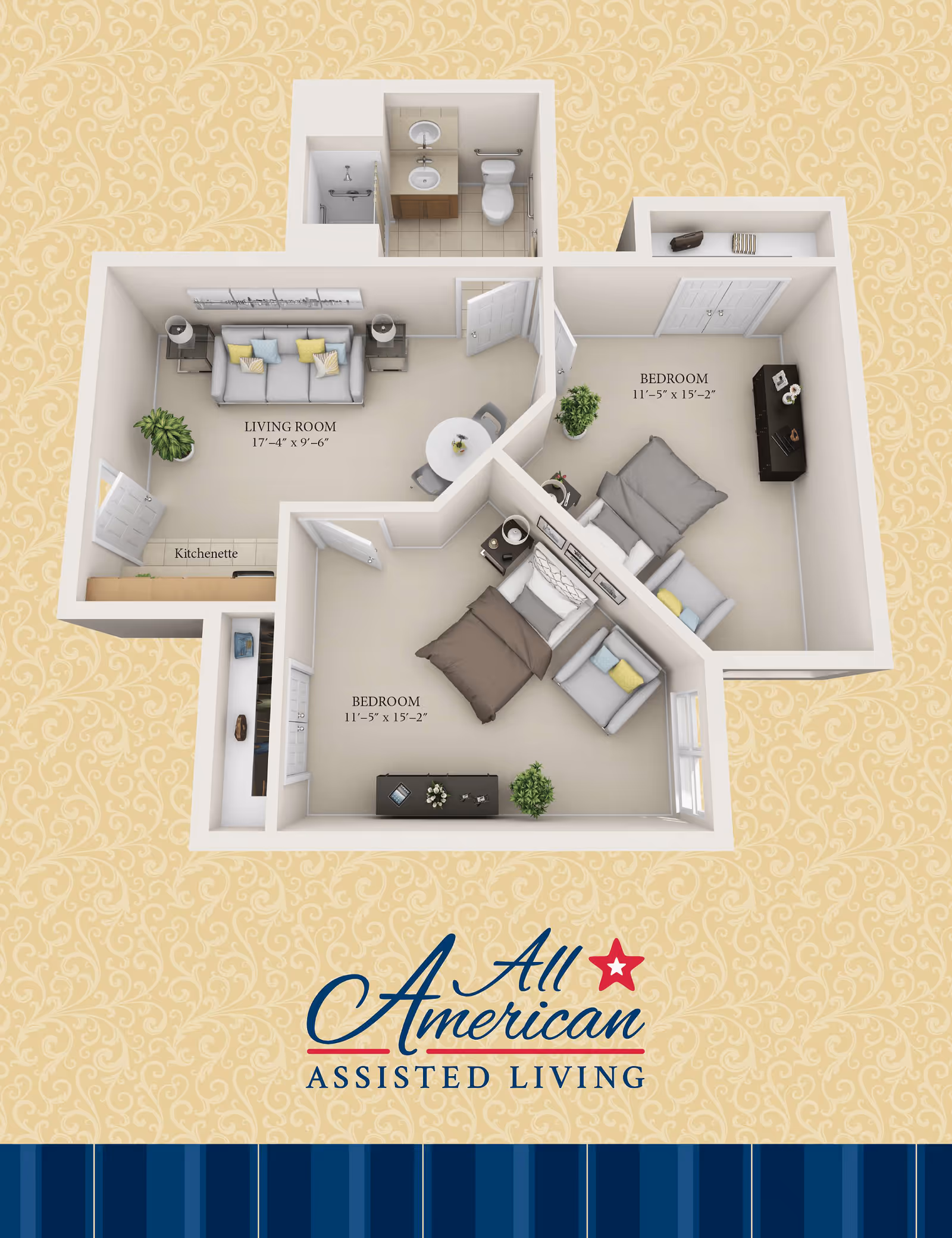 3D floor plan of an assisted living apartment showing two bedrooms, a living room with a kitchenette, and a bathroom. The living room has a sofa, two side tables with lamps, a small round dining table with chairs, and a plant. Each bedroom contains a bed, a sofa, and furniture such as dressers and nightstands. The bathroom includes a sink, toilet, and shower. The floor plan is labeled with room dimensions and the facility name 'All American Assisted Living' is displayed below.