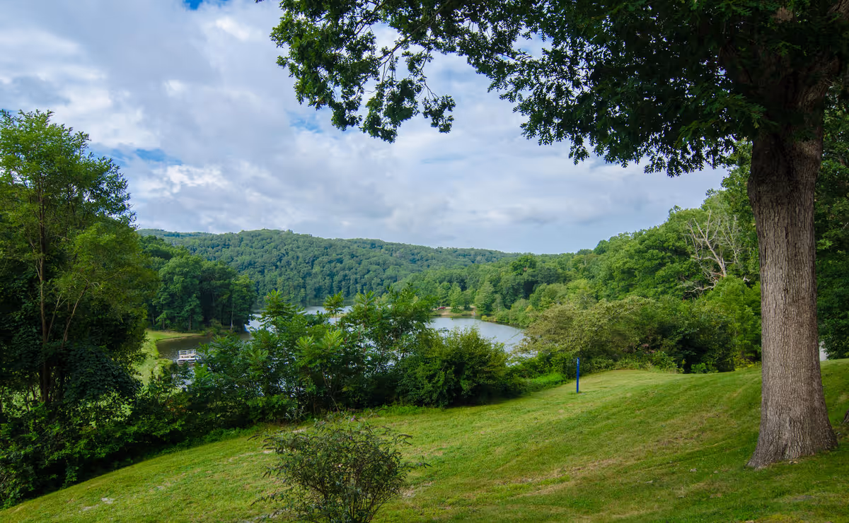 A scenic outdoor view of a grassy area with trees and bushes in the foreground, overlooking a river or lake surrounded by forested hills under a partly cloudy sky.
