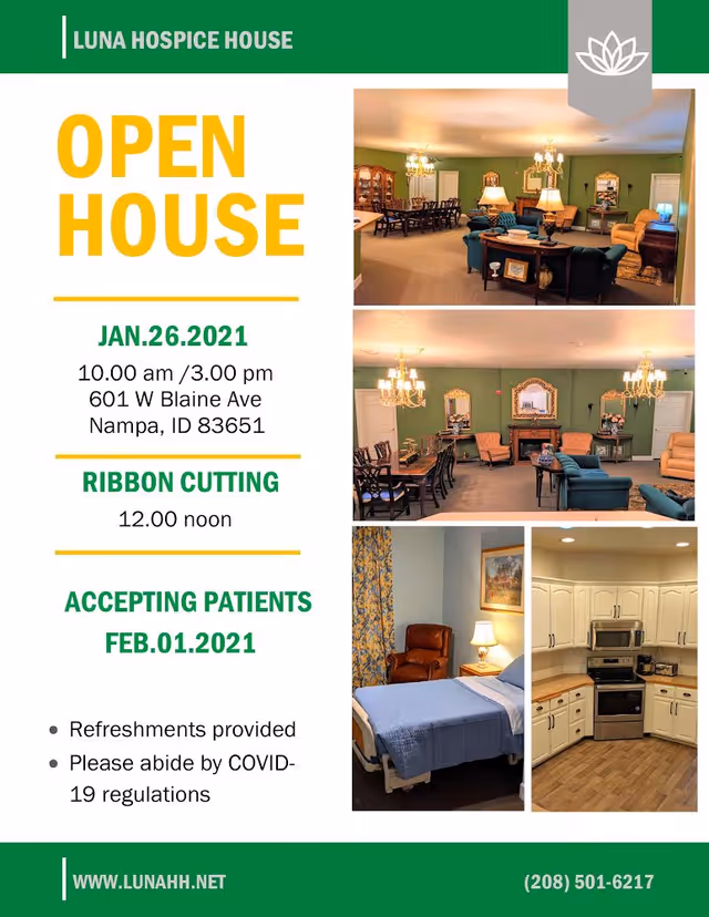 Flyer for Luna Hospice House Open House event on January 26, 2021, showing interior photos of a living room with green walls and chandeliers, a bedroom with a blue bedspread and a brown armchair, and a kitchen with white cabinets and stainless steel appliances.