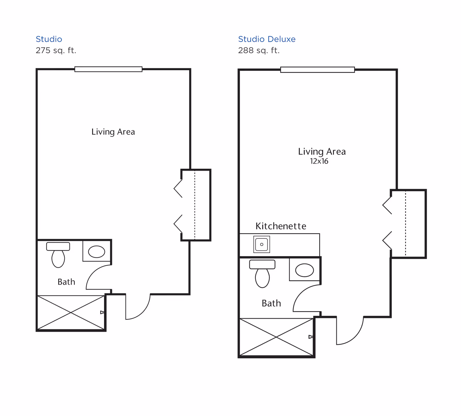 Floor plans of two studio apartments at Brookdale Canopy Oaks. The first studio is 275 sq. ft. with a living area and a bathroom. The second studio deluxe is 288 sq. ft. with a living area measuring 12 by 16 feet, a kitchenette, and a bathroom.