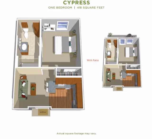 3D floor plan of a one-bedroom apartment named Cypress with 418 square feet, showing a bedroom, bathroom, living room, kitchen, and a patio area.