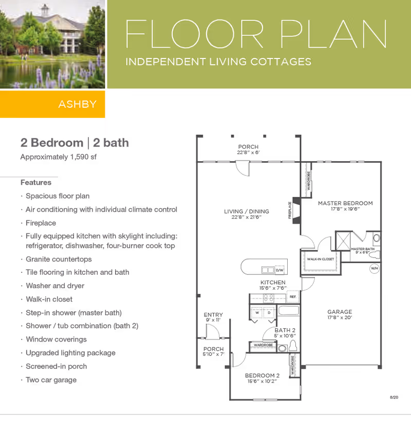 Floor plan information for Ashby independent living cottages at Woodland Terrace, featuring 2 bedrooms and 2 baths, approximately 1,590 square feet. The features listed include spacious floor plan, air conditioning with individual climate control, fireplace, fully equipped kitchen with skylight including refrigerator, dishwasher, four-burner cooktop, granite countertops, tile flooring in kitchen and bath, washer and dryer, walk-in closet, step-in shower in master bath, shower/tub combination in second bath, window coverings, upgraded lighting package, screened-in porch, and two-car garage. A small image of the facility exterior with a pond and greenery is shown in the top left corner.