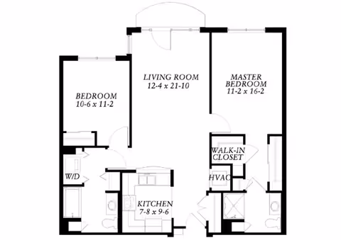 Architectural floor plan of an apartment at Eastcastle Place, a CCRC, showing a living room, master bedroom with walk-in closet and bathroom, a second bedroom, kitchen, laundry area, and additional bathroom.