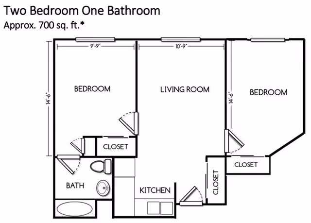 Black and white floor plan of a two bedroom, one bathroom apartment approximately 700 square feet. The layout includes two bedrooms, a living room, a kitchen, a bathroom with a bathtub, and closets in each bedroom and near the entrance.
