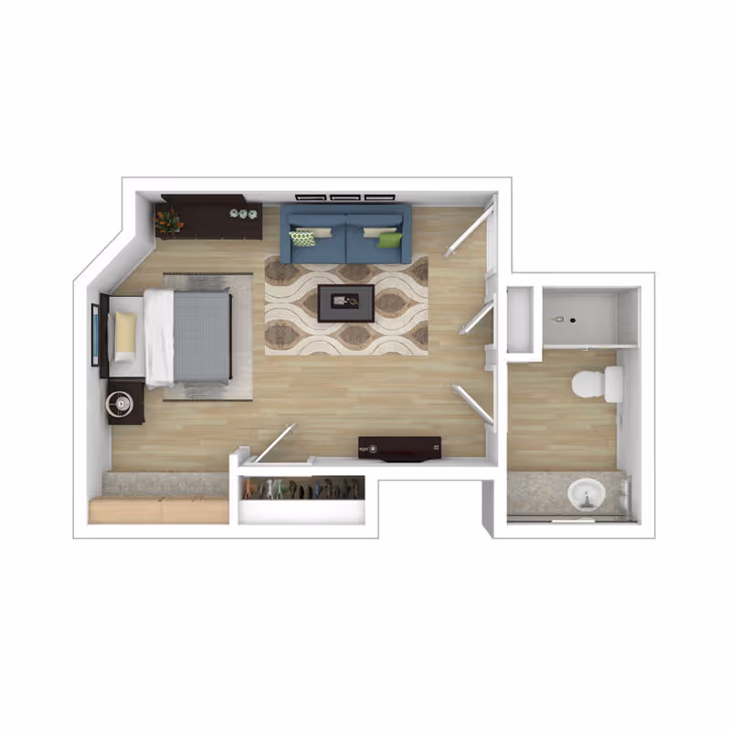 Top-down rendered floor plan of a studio-style unit showing a combined bedroom and living area, closet space, and a separate bathroom.