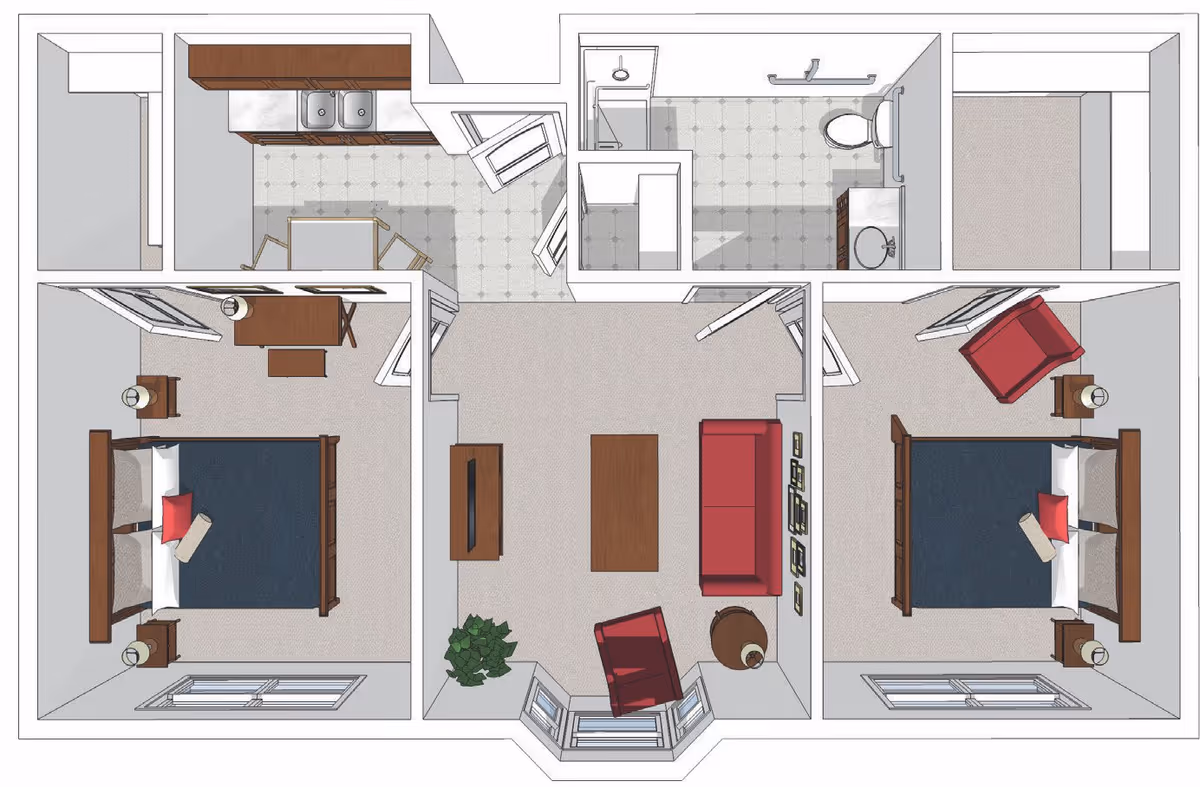 Top-down floor plan of a senior living apartment featuring two bedrooms, a living room with a red sofa and chair, a kitchen with a dining table, and a bathroom with a shower, toilet, and sink.