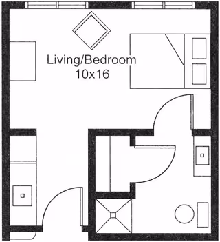 Black and white floor plan of a living/bedroom area measuring 10 by 16 feet, showing a bed, a chair, a small table, a kitchenette, and a bathroom with a shower, toilet, and sink.