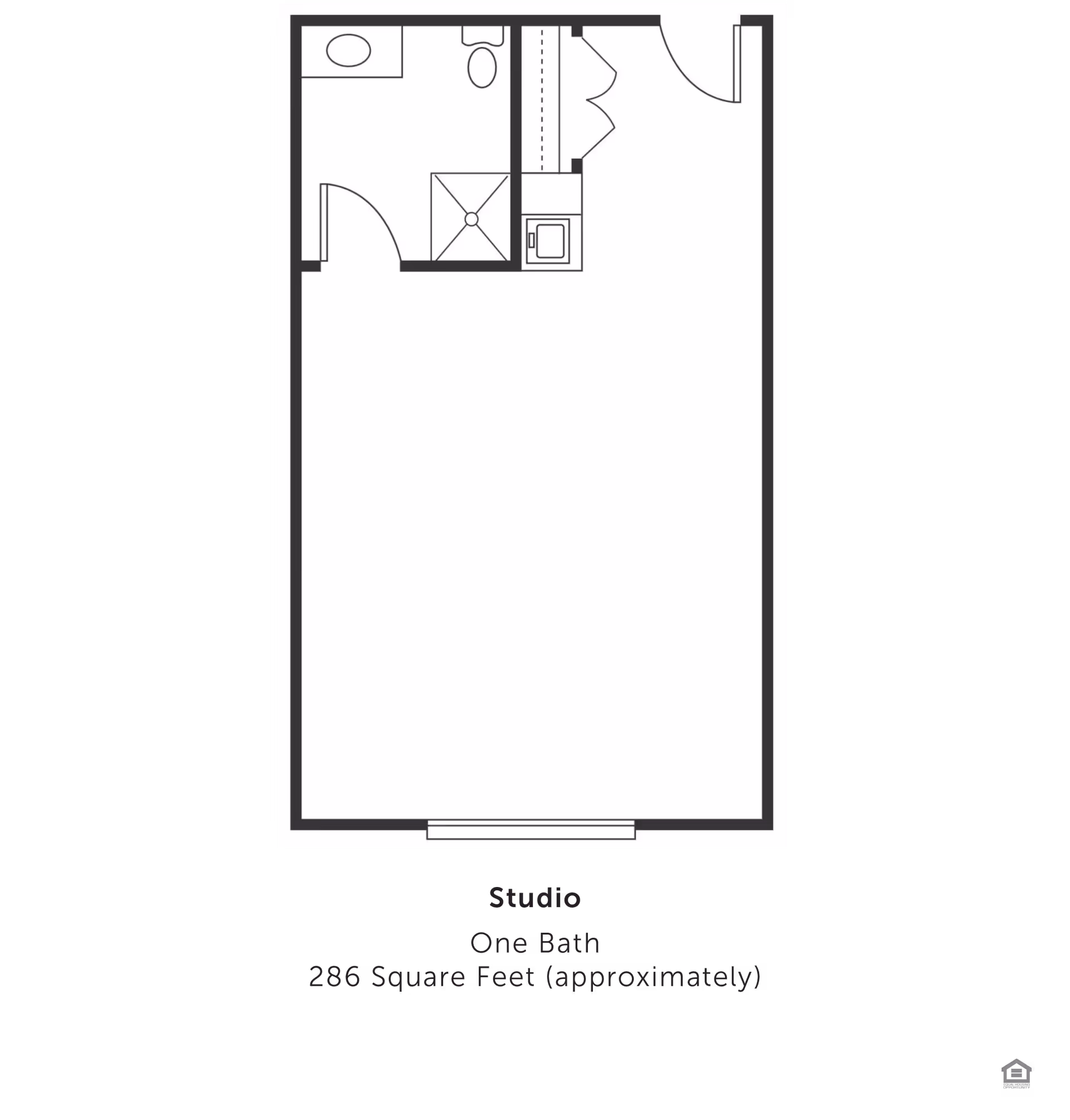 Floor plan of a studio apartment with one bathroom, approximately 286 square feet. The layout includes a bathroom with a toilet, sink, and shower, a small kitchenette area, and an open living/sleeping space.