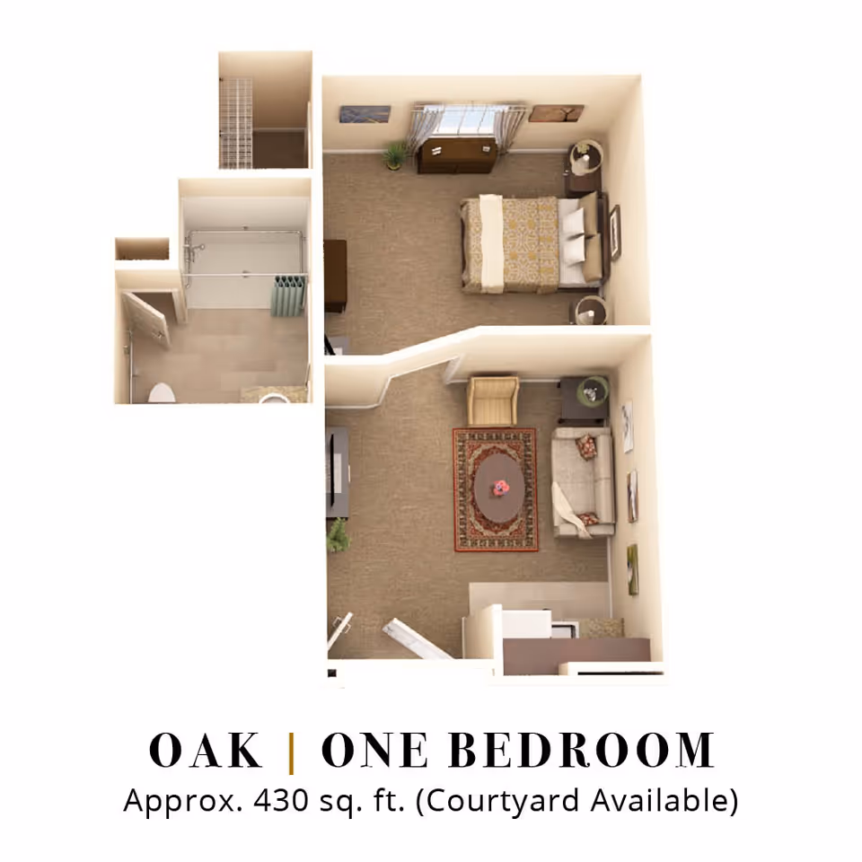 Floor plan of a one-bedroom apartment named Oak at Legend of Allentown, showing a bedroom with a bed, nightstands, and dresser, a living room with a sofa, chair, coffee table, and TV stand, a kitchen area, and a bathroom with a shower, toilet, and sink.