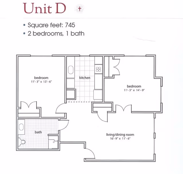 Floor plan of Unit D at Village at the Oaks showing 745 square feet with 2 bedrooms and 1 bathroom. The layout includes a living/dining room, kitchen, two bedrooms, and one bathroom.