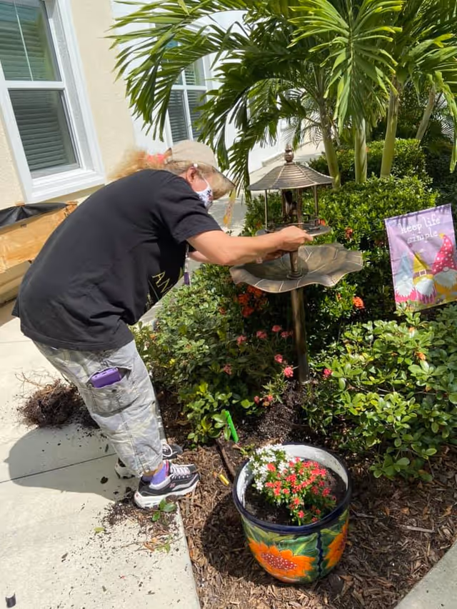 A person wearing a black shirt, camouflage shorts, a beige cap, and a face mask is tending to a garden area outside a building. They are adjusting a decorative birdbath surrounded by green bushes and flowers. A colorful flower pot with red and white flowers is placed on the ground nearby. A small garden flag with a gnome and the words 'Keep life simple' is visible among the plants.
