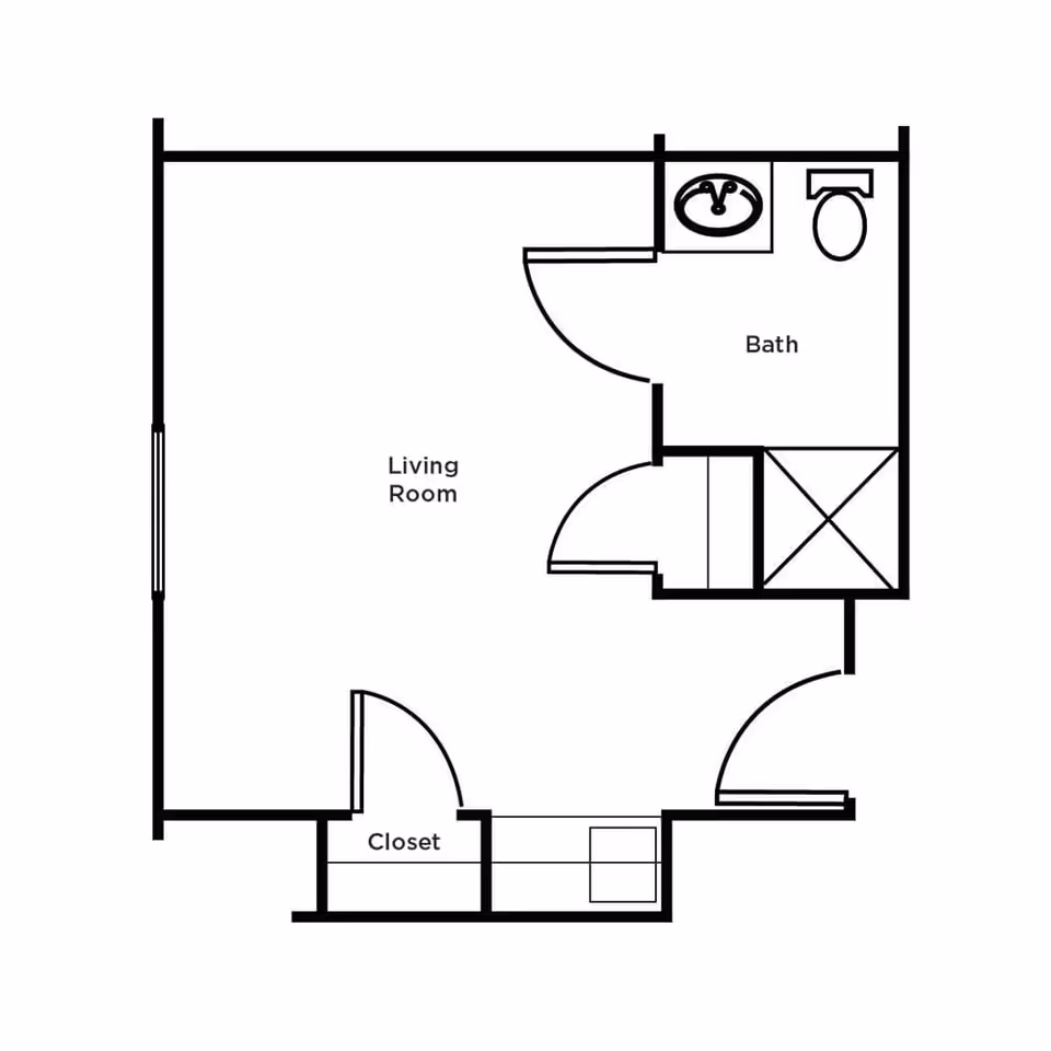 Floor plan layout showing a living room, a bathroom with a sink, toilet, and shower, and a closet area.