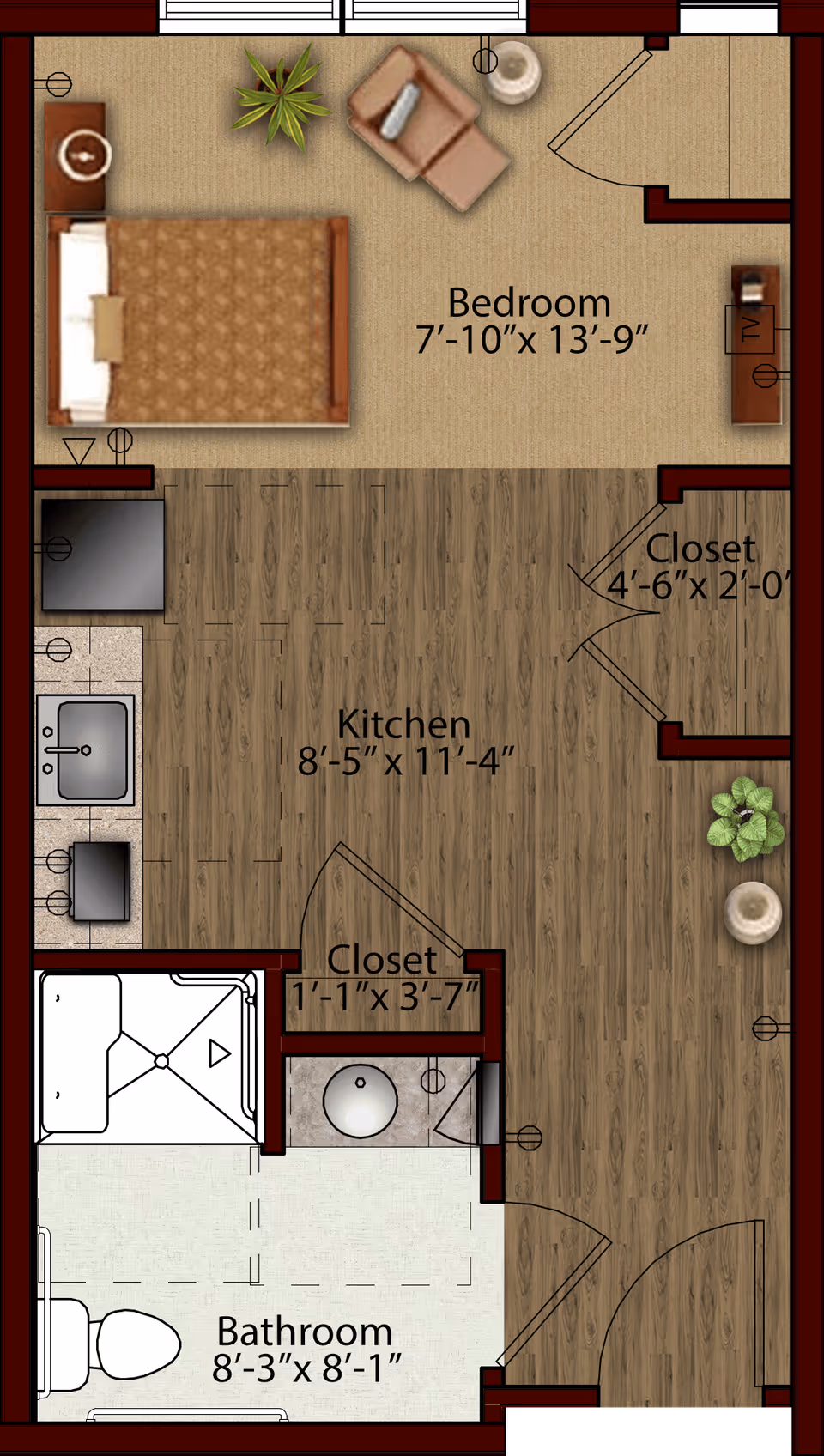 Floor plan of a senior living facility unit at Harmony at Anderson showing a bedroom with a bed, chair, and TV, a kitchen area with appliances and counters, two closets, and a bathroom with a shower, toilet, and sink.