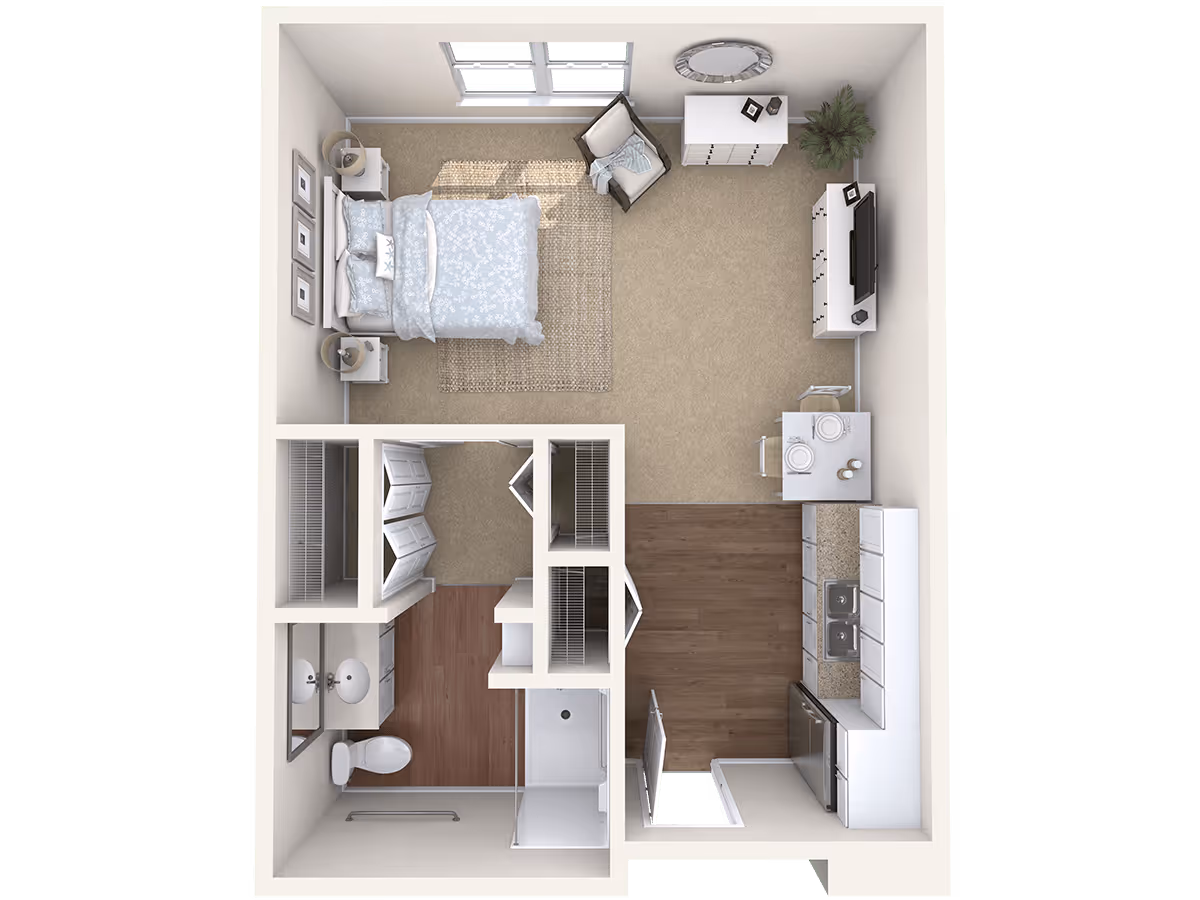 Top-down view of a studio apartment floor plan featuring a bedroom area with a bed, two nightstands, and a chair near a window. The living area includes a TV on a stand, a small dining table with two chairs, and a kitchen with appliances and cabinets. There is a bathroom with a toilet, sink, and shower, and a walk-in closet adjacent to the bedroom.