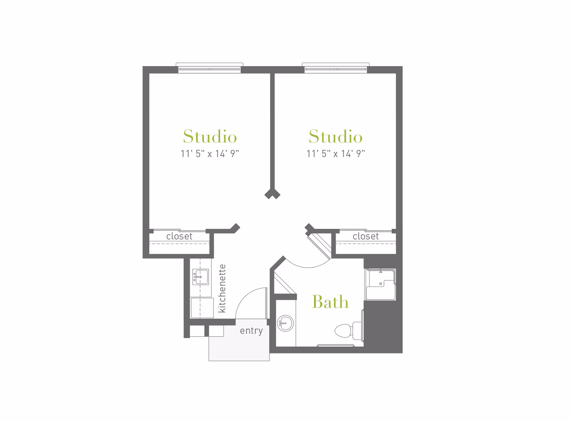 Floor plan of a living space at Clearwater Ahwatukee showing two studio rooms each measuring 11 feet 5 inches by 14 feet 9 inches, each with a closet. The layout includes a kitchenette near the entry and a bathroom with a toilet and sink.