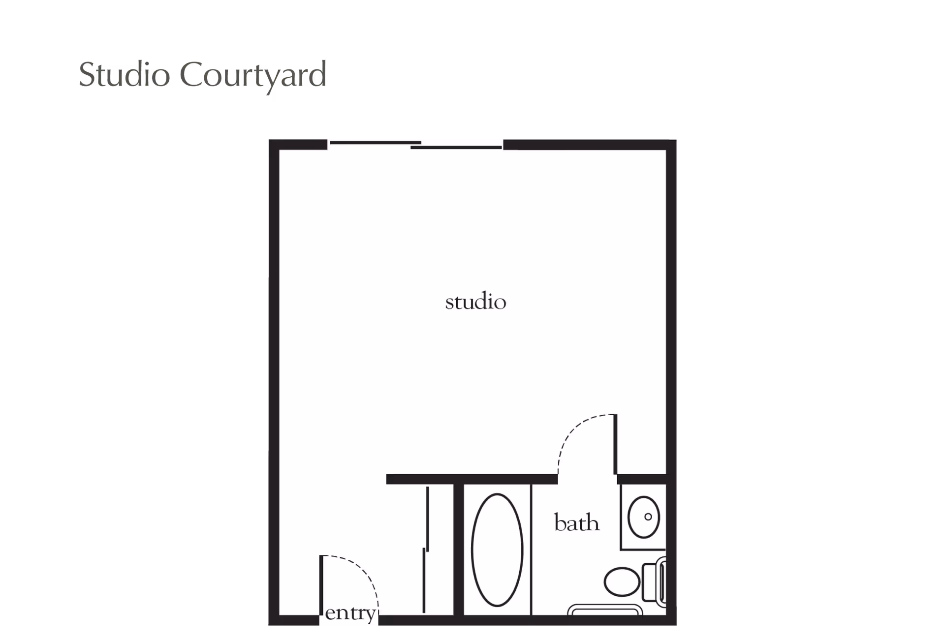 Floor plan layout of a studio courtyard apartment showing an entry, a large studio living space, and a bathroom with a bathtub, toilet, and sink.