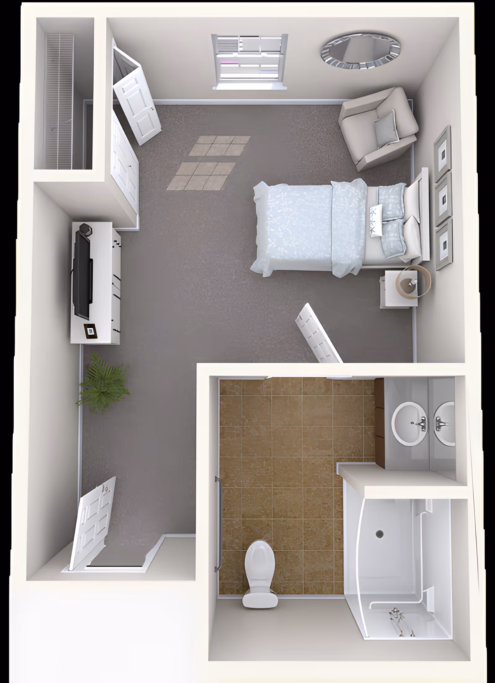 Top-down view of a senior living facility room layout featuring a bedroom and an attached bathroom. The bedroom includes a bed with pillows and a blanket, a nightstand with a lamp, an armchair, a wall mirror, a TV on a stand, a closet, and a plant. The bathroom has a toilet, a sink with a vanity, and a shower area with a glass door.