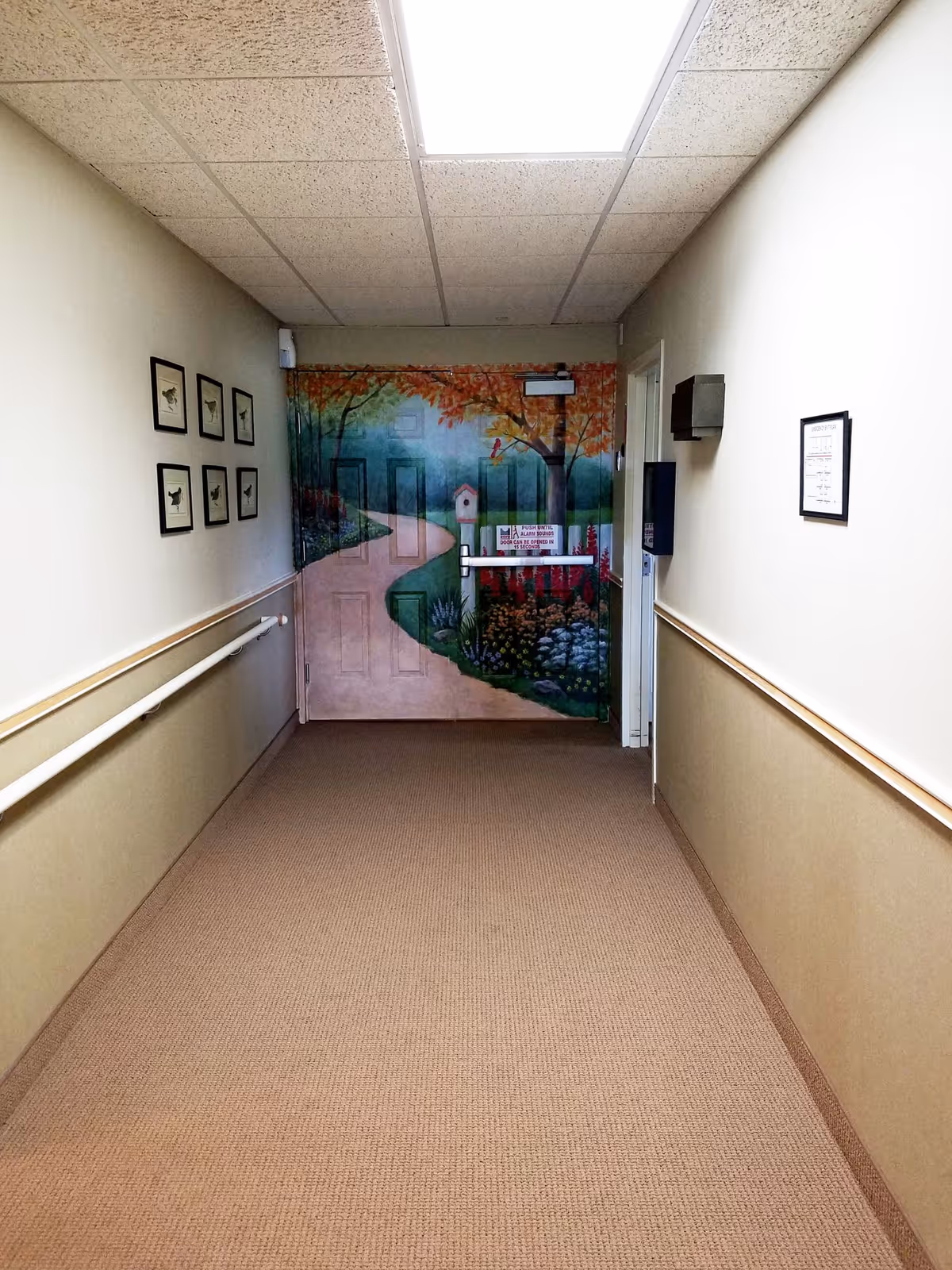 A carpeted hallway with beige walls and handrails on both sides leading to a double door painted with a colorful mural of a garden path, trees, flowers, and a birdhouse. The ceiling has fluorescent lighting, and framed pictures of birds are hung on the left wall.