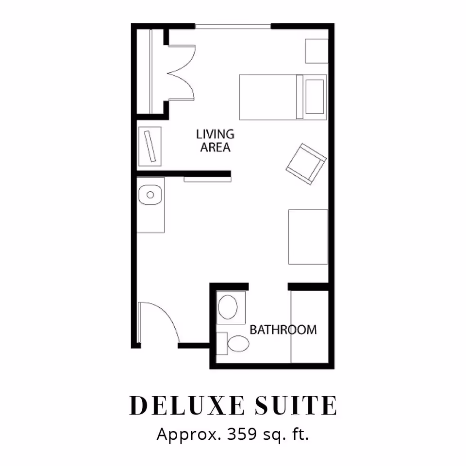 Floor plan of a deluxe suite at Parkwood Village showing a living area with a bed, chair, and table, a bathroom with a toilet and sink, and an approximate area of 359 square feet.