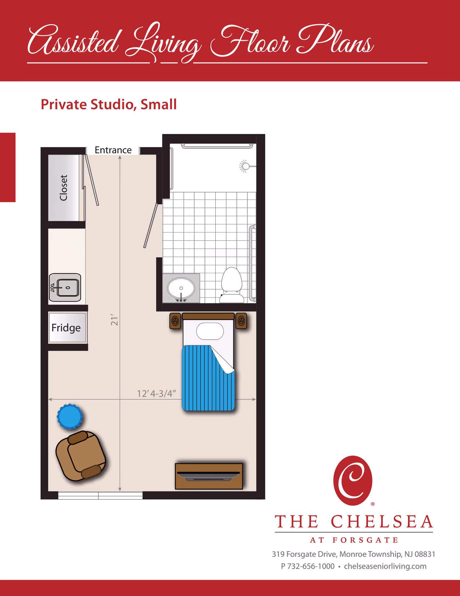 Floor plan of a small private studio assisted living unit showing an entrance, closet, fridge, sink, bathroom with toilet and sink, a bed with nightstands, a chair with a small table, and a dresser or TV stand.