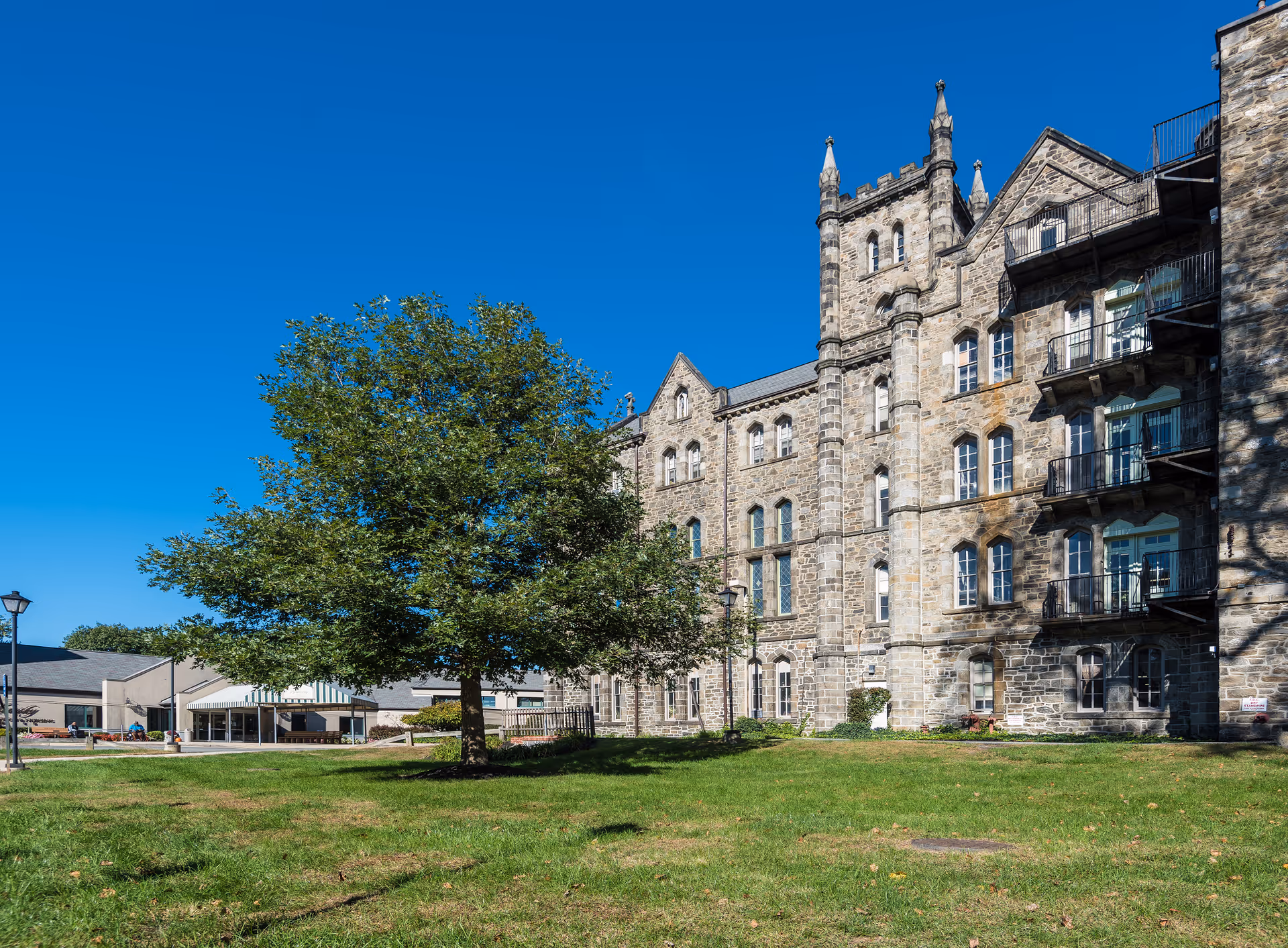 Exterior view of a large stone building with multiple windows and balconies, surrounded by a green lawn and a tree under a clear blue sky.