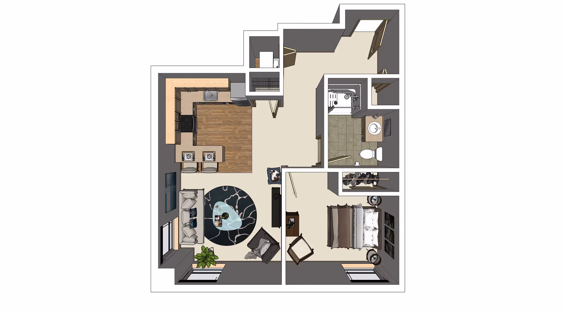 3D floor plan of a one-bedroom apartment featuring a kitchen with appliances and a small dining area, a living room with sofa, chair, coffee table, and TV, a bedroom with a bed and nightstands, and a bathroom with a shower, toilet, and sink.