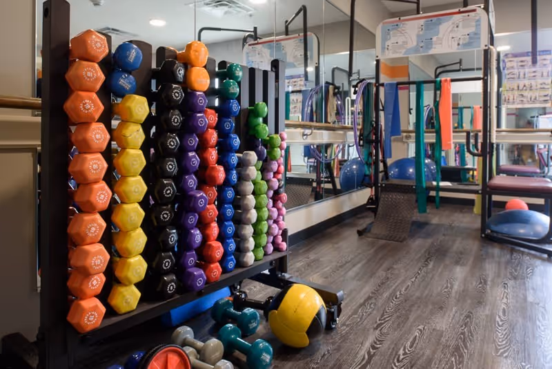 A fitness room with a rack of colorful dumbbells arranged by weight, resistance bands hanging from a bar, exercise balls, and other workout equipment on a wood floor with mirrored walls.