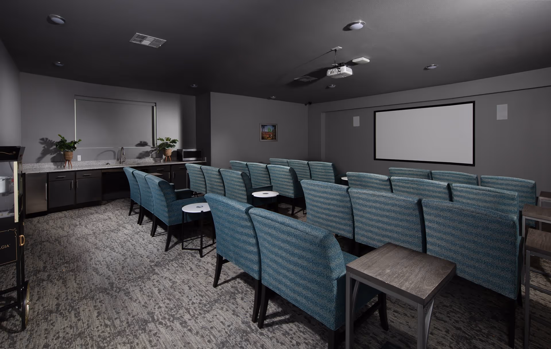 A small theater room with rows of blue upholstered chairs facing a large blank projection screen on a gray wall. The room has a gray carpeted floor and dark ceiling with recessed lighting. At the back of the room, there is a kitchenette area with a countertop, sink, microwave, and two potted plants. A popcorn machine is visible on the left side.