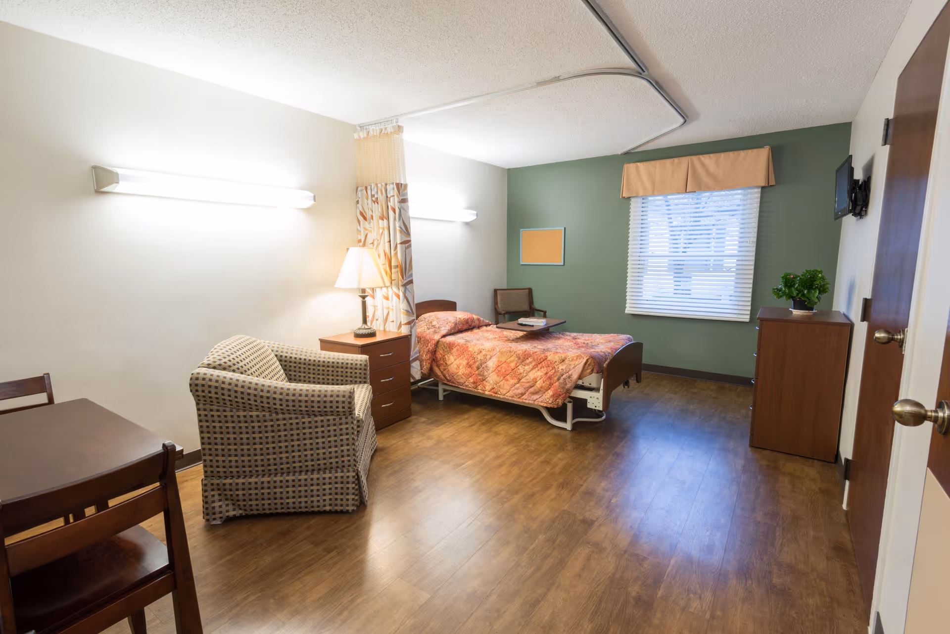 A well-lit senior living bedroom with a single bed covered in a patterned quilt, a bedside table with a lamp, a comfortable armchair, a small table with chairs, a window with blinds and a valance, a wall-mounted TV, and a wooden dresser with a potted plant. The room has wood flooring and a green accent wall.