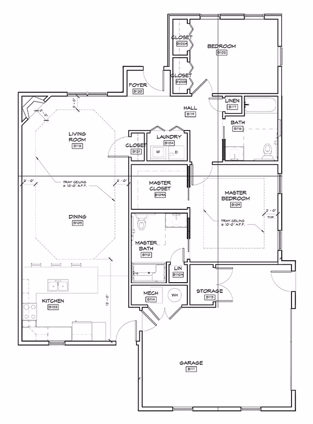 Architectural floor plan of a residential unit showing labeled rooms including living room, dining area, kitchen, foyer, two bedrooms, two bathrooms, laundry, closets, storage, mechanical room, and garage.