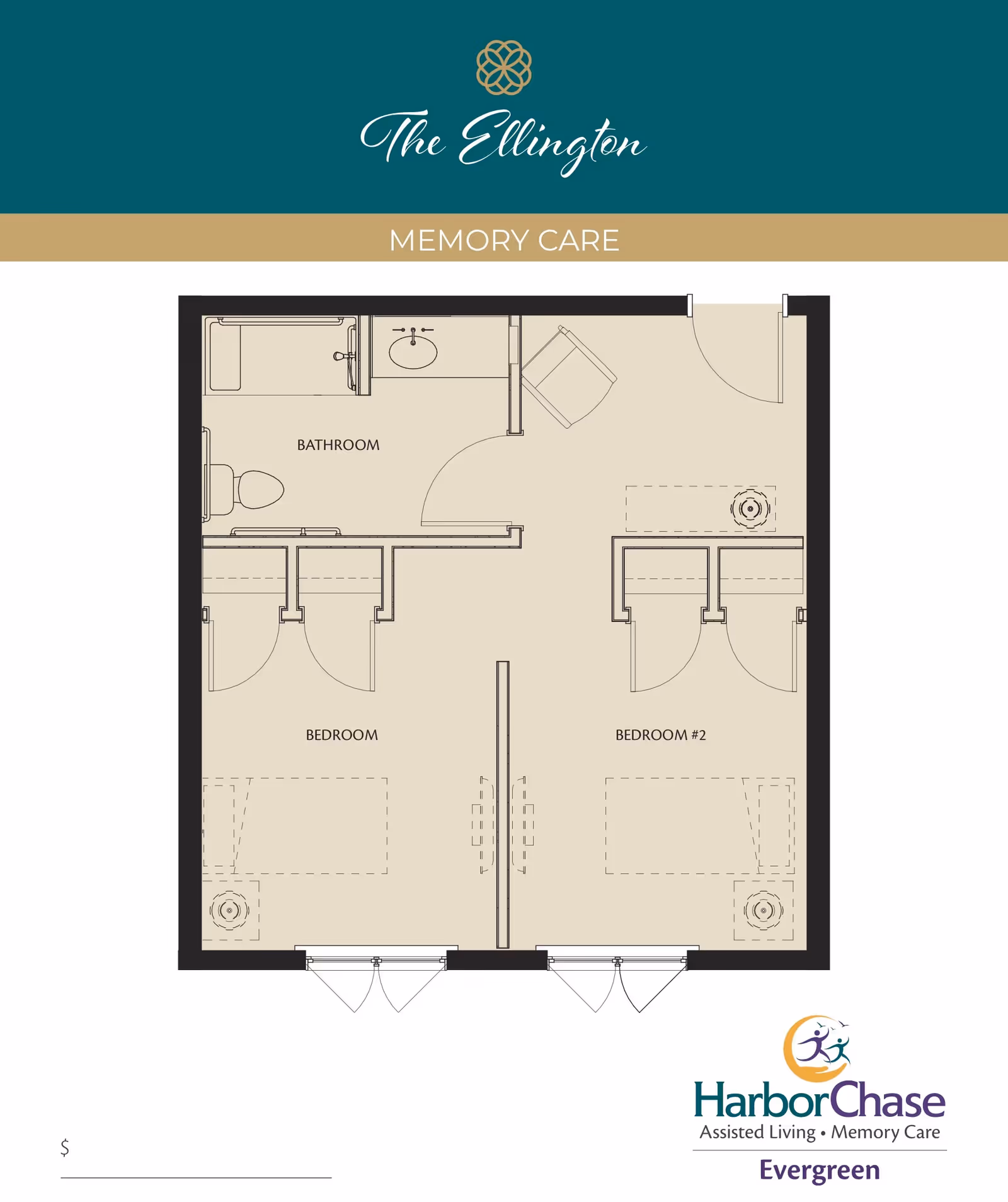Floor plan layout for The Ellington Memory Care unit showing two bedrooms, a bathroom, and a common area with furniture placement. The plan includes labeled rooms: Bathroom, Bedroom, and Bedroom #2. The HarborChase Assisted Living and Memory Care Evergreen logo is visible at the bottom right.