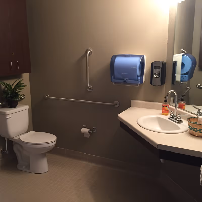 Handicap-accessible bathroom with a toilet, grab bars, wall-mounted paper and soap dispensers, and a sink with countertop.