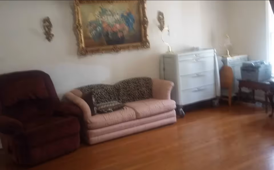 A living room with a brown armchair and a pink sofa with a leopard print throw. There is a large framed floral painting on the wall above the sofa. Two white dressers with lamps on top are positioned against the wall, and a small wooden table with a printer is near a window letting in natural light. The floor is wooden.