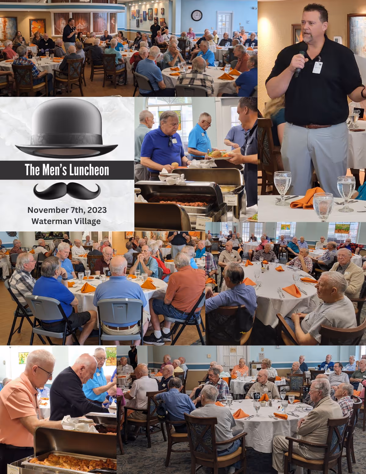 A collage of images showing a men's luncheon event at Waterman Village Retirement Community. Several elderly men are seated at round tables covered with white tablecloths and orange napkins, listening to a speaker holding a microphone. Other images show men serving themselves food from buffet trays and socializing. A graphic in the collage features a black bowler hat and mustache with the text 'The Men's Luncheon, November 7th, 2023, Waterman Village.'