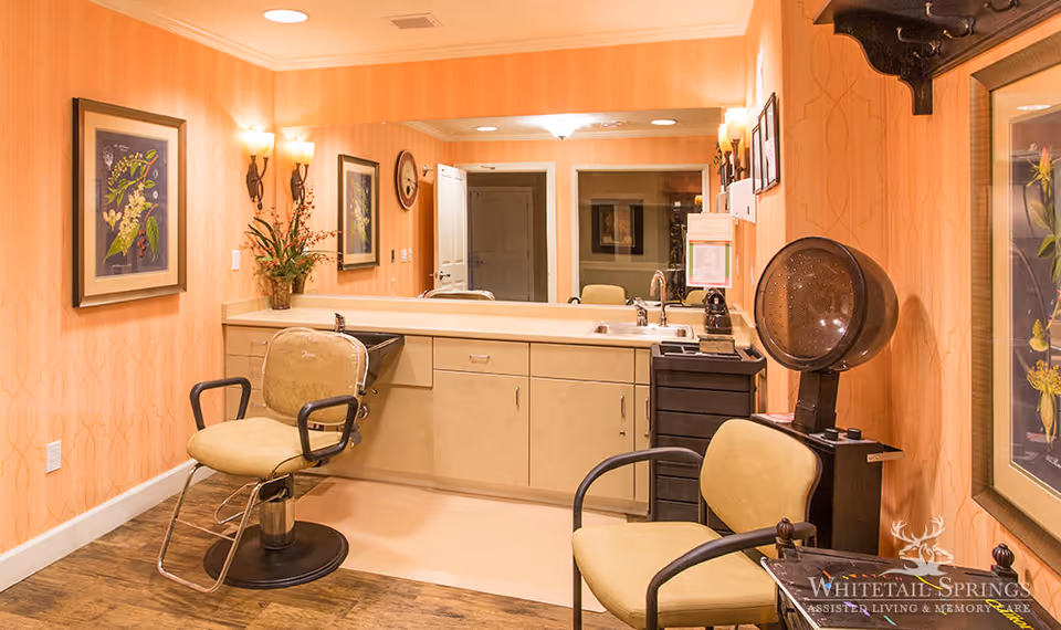 Interior salon area with styling chairs, a hooded hair dryer, a large mirror and countertop in a warm-colored room.